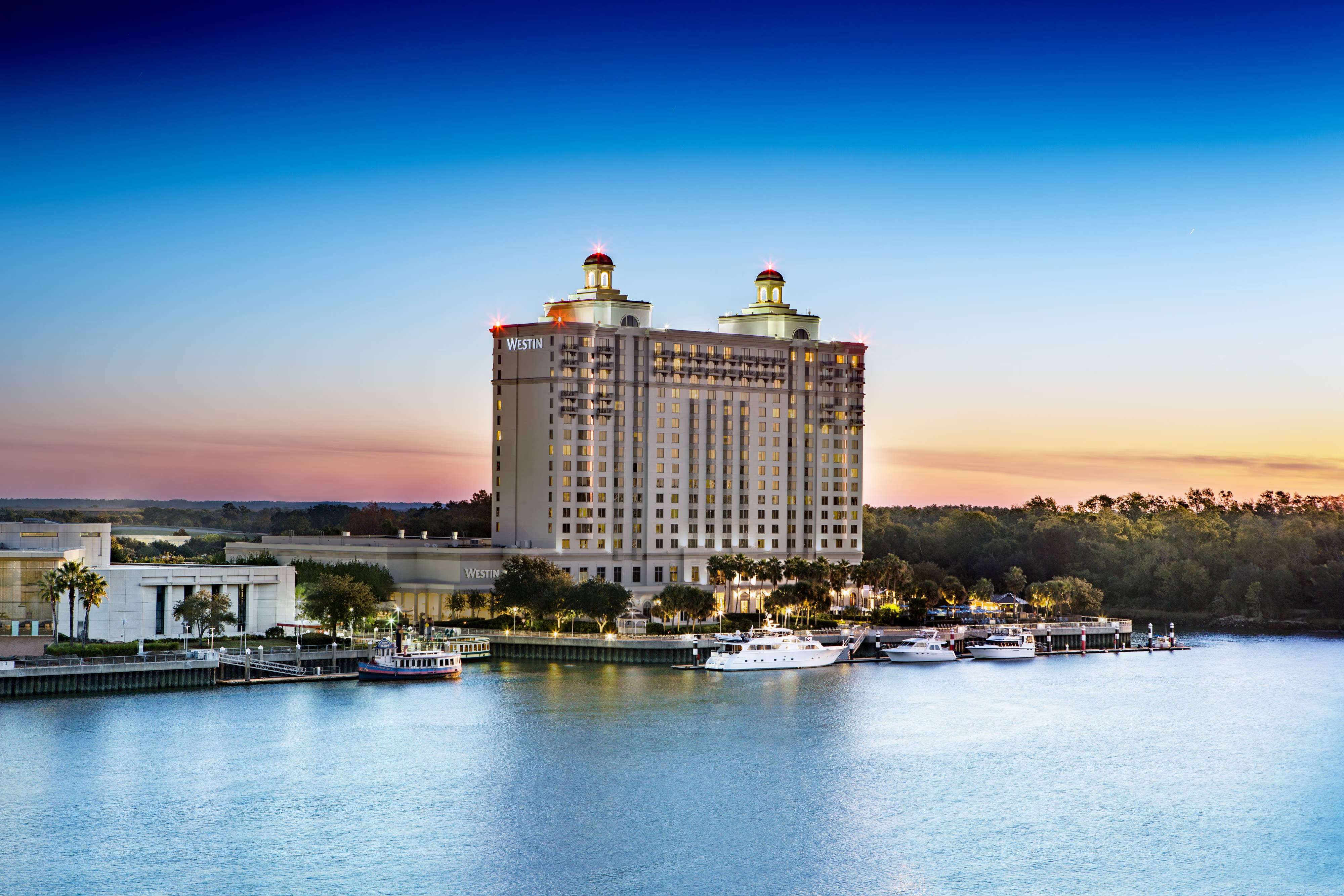 Arial view over the water of the Westin Hotel